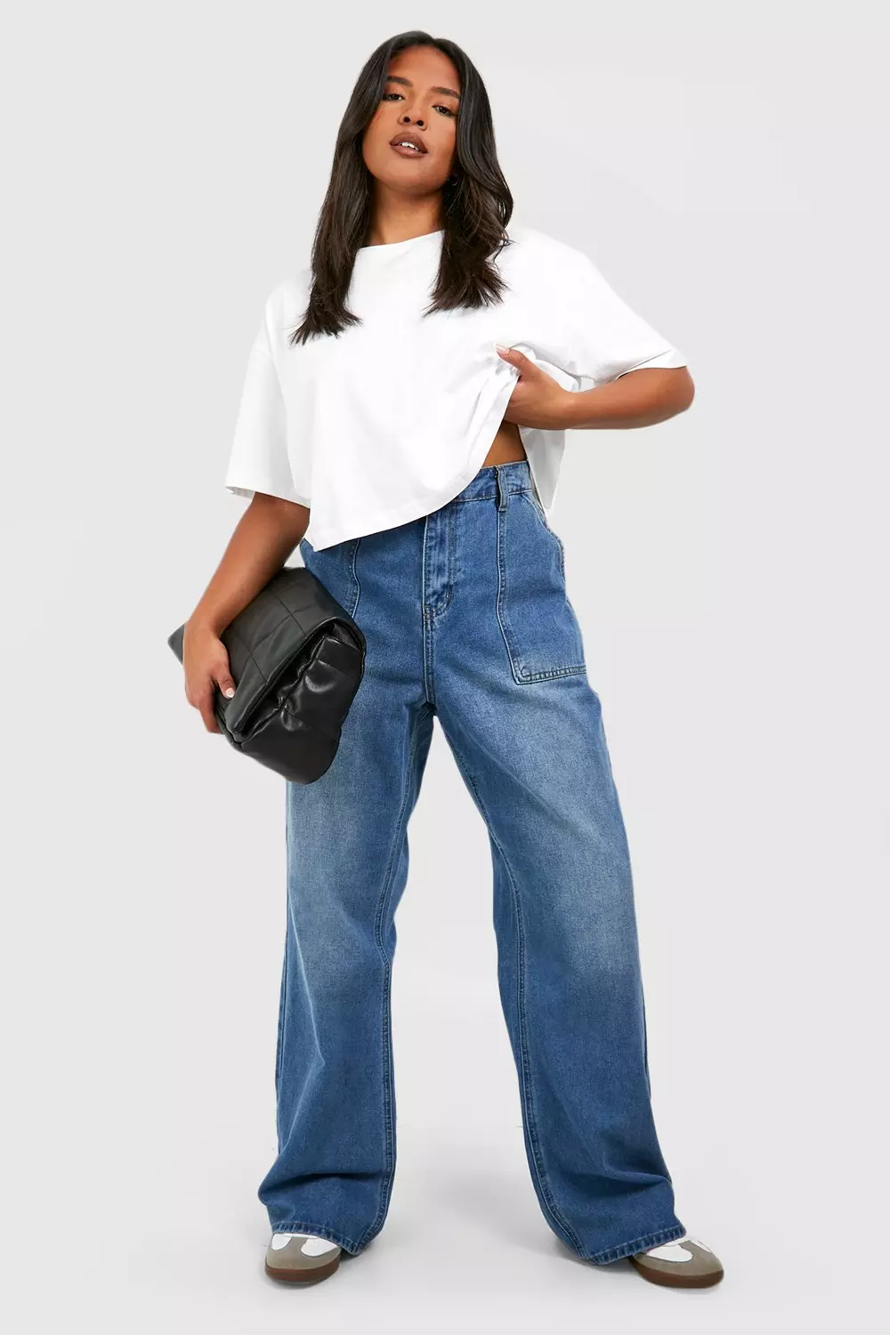 【PORTERNA】Pocket Span Wide Jeans SPANXshape™ EveryWear Cropped Wide Leg Jeans with Patch